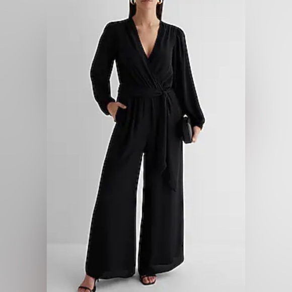 Express Pants - Express Elegant Long Sleeve V Neck Wide Leg Black Jumpsuit XL